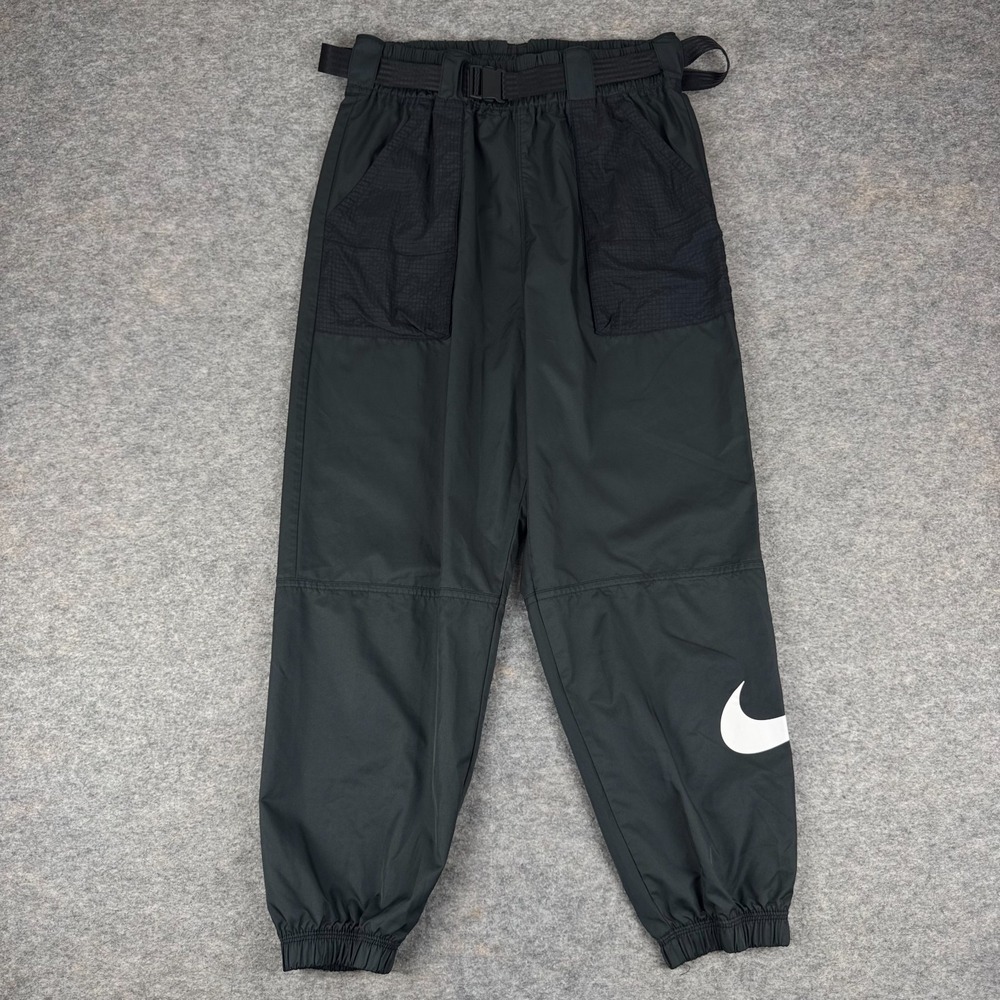 Nike Sportswear Woven Swoosh Pants 25" Belted Pockets Black Womens Medium M